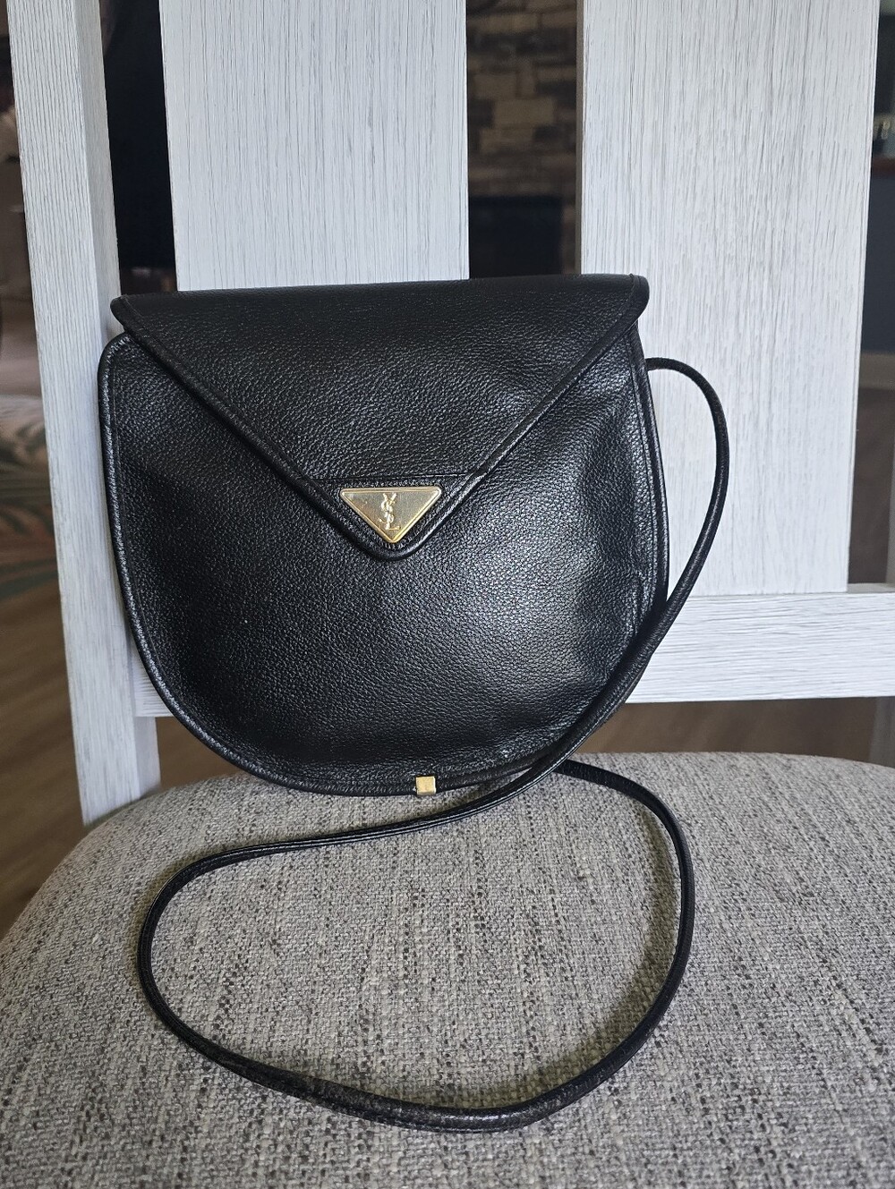 Authentic Saint Laurent Black Leather Envelope Crossbody with Gold Accent